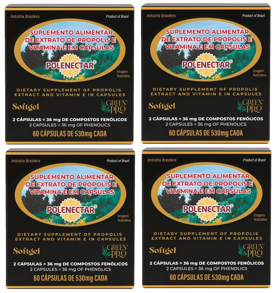 4 Pudełka Polenectar Brazylia Green Bee Propolis 300 Miligram (60 Softgels)