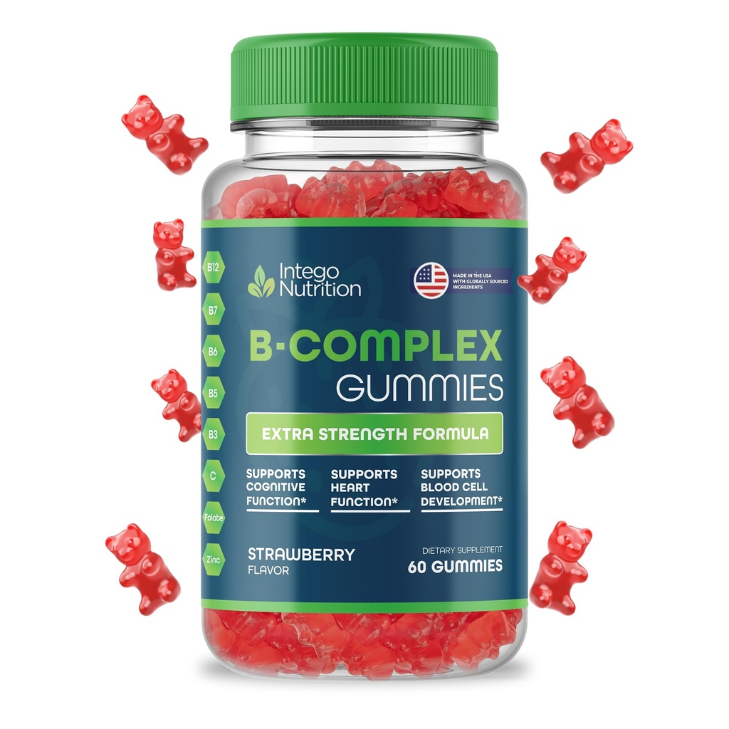 Witamina B Kompleks Gumiaki dla dorosłych, B Kompleks Suplement witaminy dla kobiet i mężczyzn, B Witaminy Kompleks Gumiaki dla Energii i Zdrowia Mózgu, Natural Strawberry Flavor, 60 Count