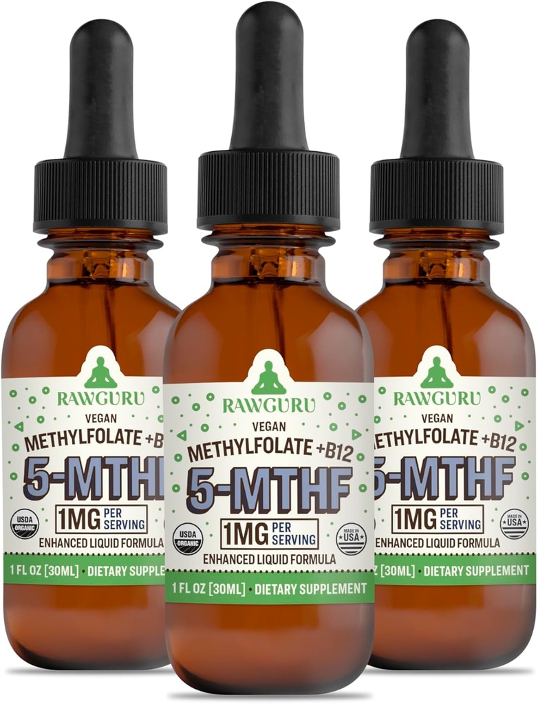 RawGuru Methylfolate 1mg+ Vitamin B12 - Organic Vegan Methylated B12 with Trace Minerals - Nano-Processed & Enhanced Liquid Formula - 300 Servings of Vegan Drops per 30 ml, Pack of 3
