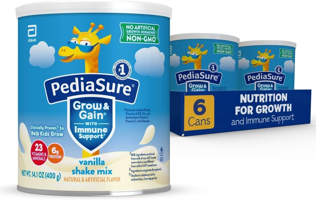 PediaSure Grow & Gain z immunologicznego wsparcia shake mix proszku, 23 witaminy i minerały, 6g białka, Non-GMO, Gluten- Free, Żywienie dla dzieci, Vanilla, 14.1 oz puszka, Opakowanie 6- 48 porcji