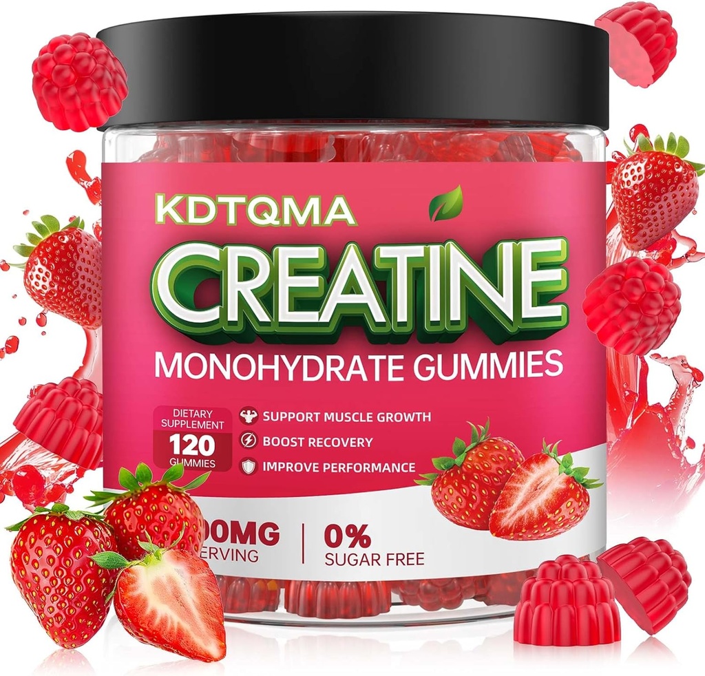 Jednowodzian kreatora Gummie dla mężczyzn i kobiet 120 CT - 5600mg monohydratu kreatora na serwowanie, monohydrat kreatora do żucia dla wsparcia mięśni i boost energii, bez cukru, wegan (Strawberry Flavor)