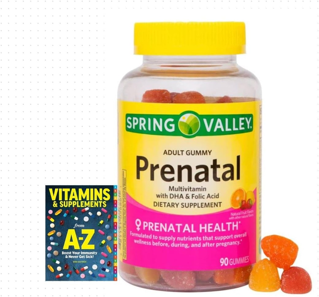 Wiosenna Dolina Dorośli Gummy Prenatal Multivitamin z DHA & Kwas foliowy, Naturalne aromaty owoców, 90 Gummies + Lepszy przewodnik suplementy witaminy