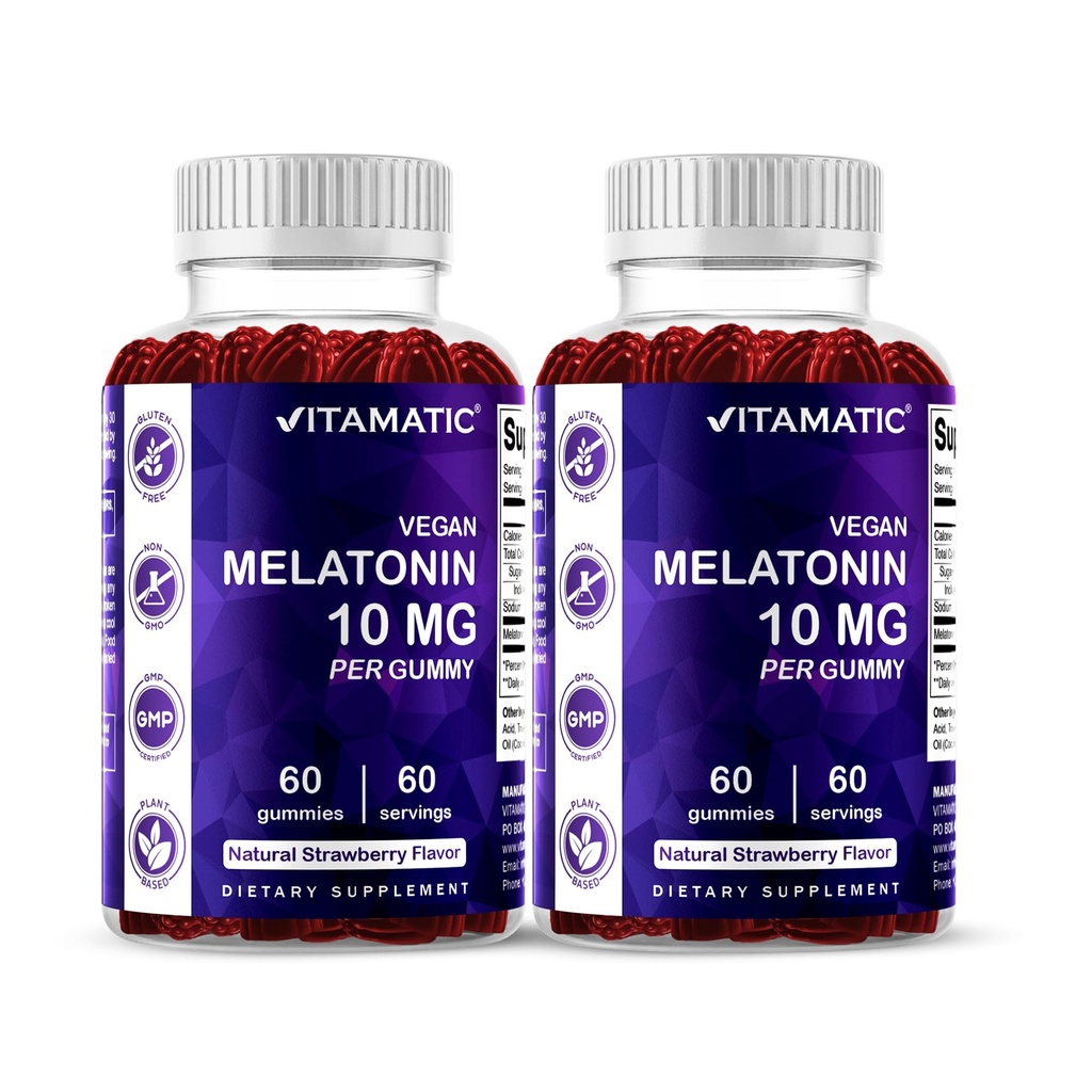 Melatonina witamatyczna 10 mg żelki wegetariańskie - Non-Habit Forming - 60 gumek na butelkę - 2-pack (Razem 120 żelek wegańskich)