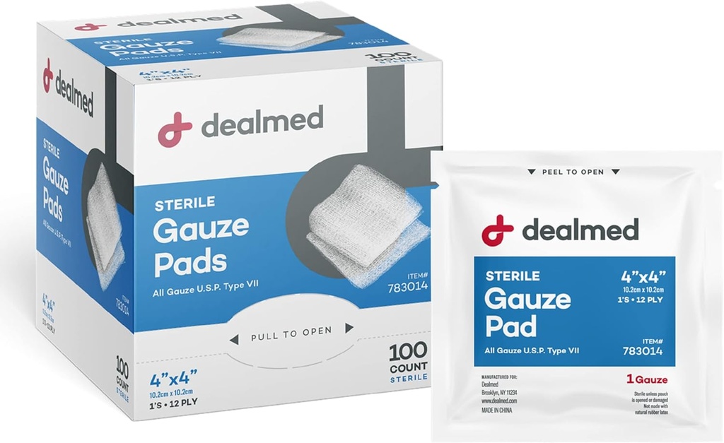 Dealmed 4 "x 4" Sterylny Gauze Pads (100 Hrabia) Jednorazowe i indywidualne zapakowane medyczne Gauze Pads, Produkt do pielęgnacji rany zestaw pierwszej pomocy i udogodnienia medyczne (Opakowanie 1)