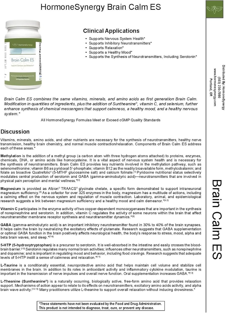 HormoneSynergy RetzlerRx ® Brain Calm ES - Ultimate Support for Calmness & Relaxation - L- Theanine (Suntheanine ®) - TRAACS ® Albion ® Chelated Minerals - GABA - 5- HTP - L- Tauryna - 120 V- Caps