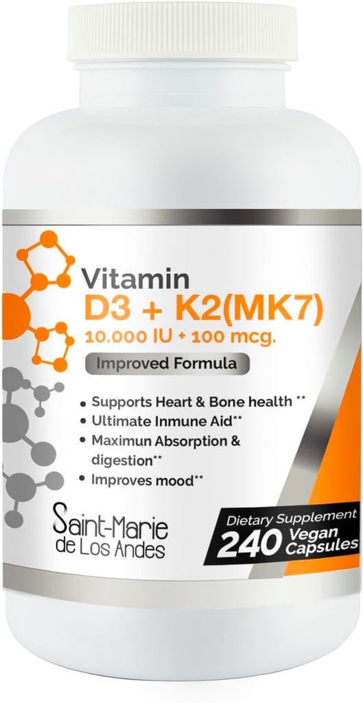 Witamina D3 10 000 j.m. K2 / MK7 100 µg. Wysoka moc suplement 8 miesięcy dostaw. Non-GMO dla kości, serca i wsparcia immunologicznego.
