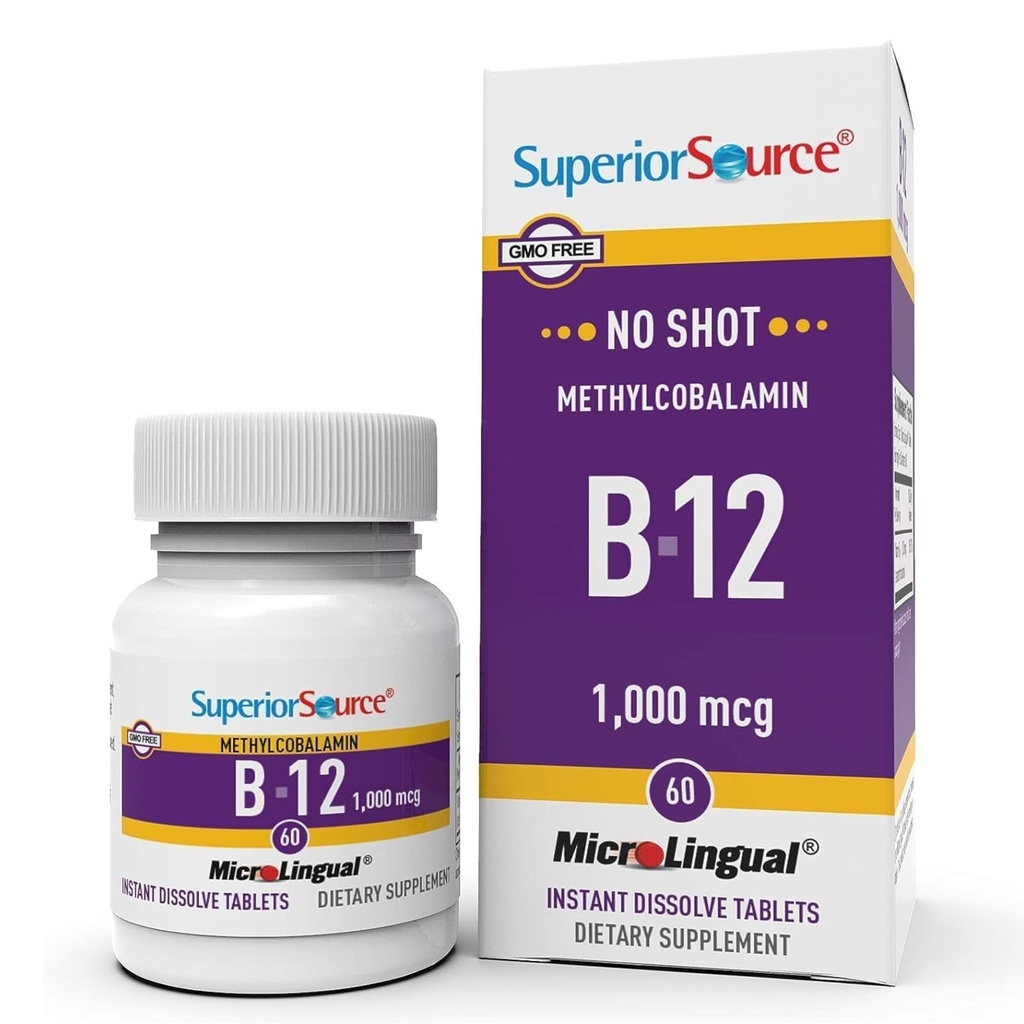 Superior Source No Shot Methylcobalamine B- 12 1000 µg - Witamina B- 12 do wspierania produkcji energii, Zdrowie mózgu i ogólne Wellness - Podjęzykowe tabletki do szybkiego wchłaniania - 60 Rozpuszczające tabletki