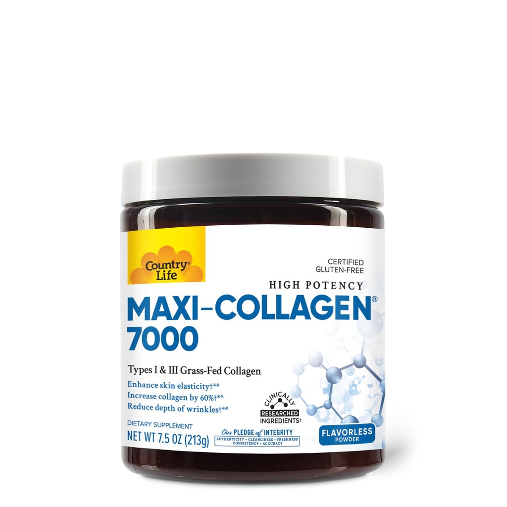 Kraju życia Maxi- Collagen 7000 Proszek - Verisol Bioactive Collagen Peptydes, Witamina C, A & Biotin, 4,500 mg Typy I & III Kolagen pokarmowy - Wspiera skórę, włosy, paznokcie i wspólne zdrowie, 7.5 oz