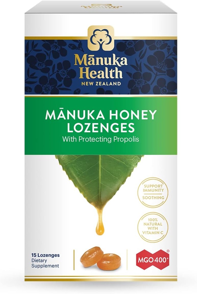 Manuka Health Manuka Honey Lozenges - 15 Propolis Lozenges - Natural Throat Lozenges Infused with Raw Manuka Honey, New Zealand Propolis and Witamina C for Immune Support