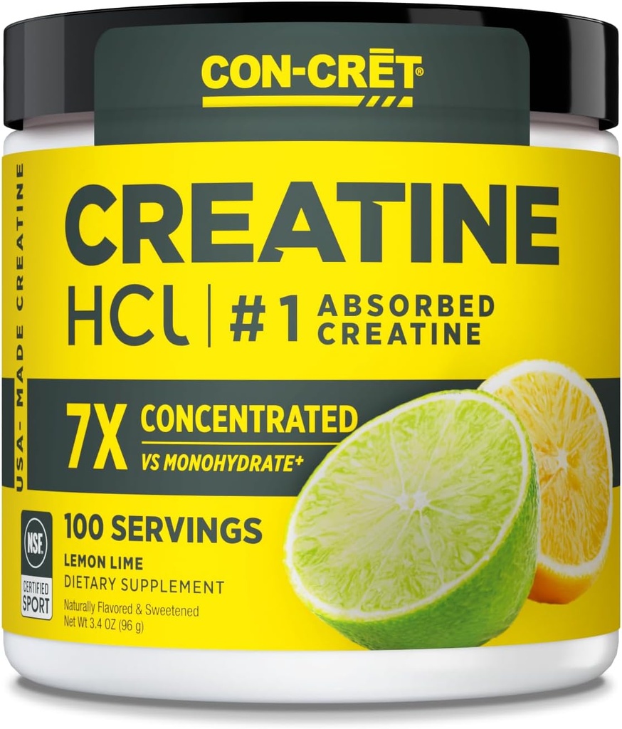 CON- CRET Kreatywny HCl Proszek Proszek 124; Mięśnie, Kognitywny, Cellular Support Energy 124; Brak kwitnienia lub skurcze 124; USA Made & NSF Certyfikowany 124; Limy Lemon (100 Serving)