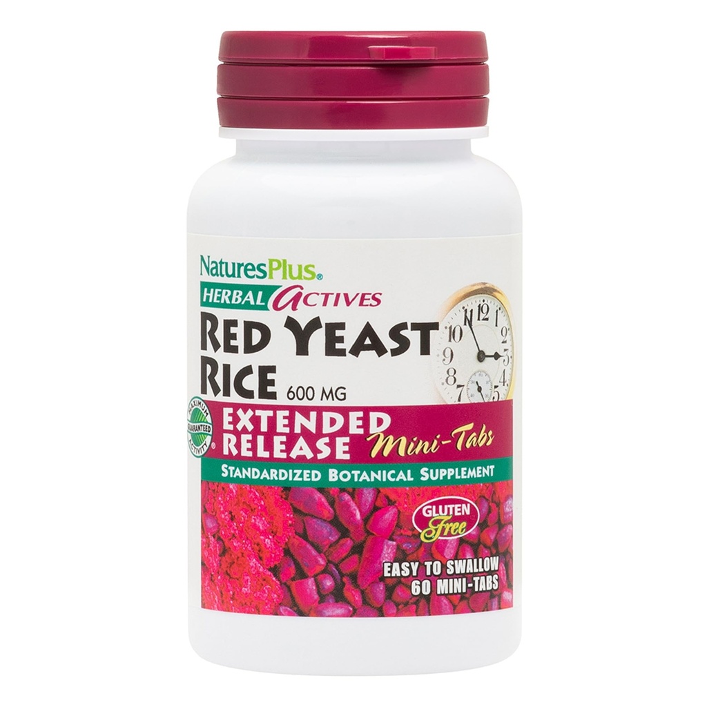 Natury Plus Herbal Actives Red Yeast Rice, Rozszerzone wydanie - 600 mg, 60 Mini tabletki - Ziołowy suplement - Wegański, Wegetariański, Gluten- Free 30 Służenia