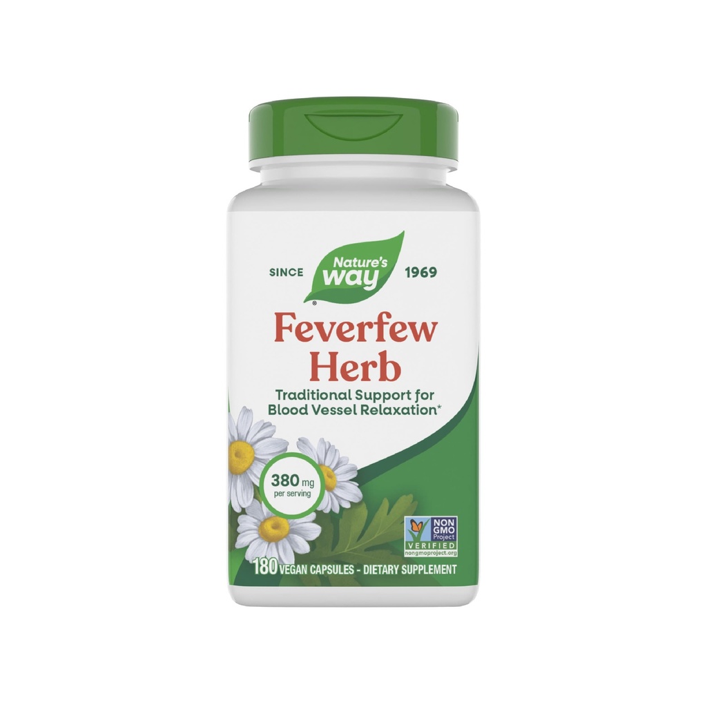 Nature 's Way Feverfew Herb, Tradycyjne wsparcie dla Relaxation Vessel Vessel *, 380 mg na serwowanie, Nie-GMO Project Verified, 180 Vegan Feverfew Kapsułki (Packaging May Vary)