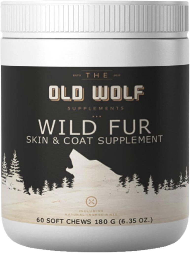 Wild Fur Skin and Coat Supplement for Dogs: dla skóry swędzącej, Gorące plamy Leczenie i Alergie sezonowe, Redukcja rozrzucania, Poprawa połysk płaszcza - 60 Chews