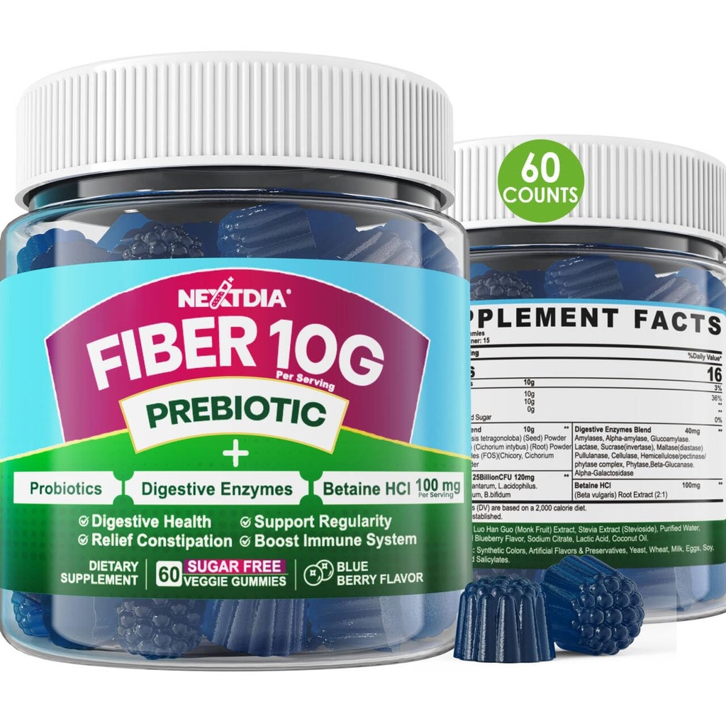 Fiber Gummies dla dorosłych, Sugar Free 10g Prebiotic Fiber Supplement with Digestive Enzymes, Probiotyki & 100mg Betaine for Digestive & Gut Health and Regulate Bowel Movel, Vegan, Żelatyna Free, 60ct