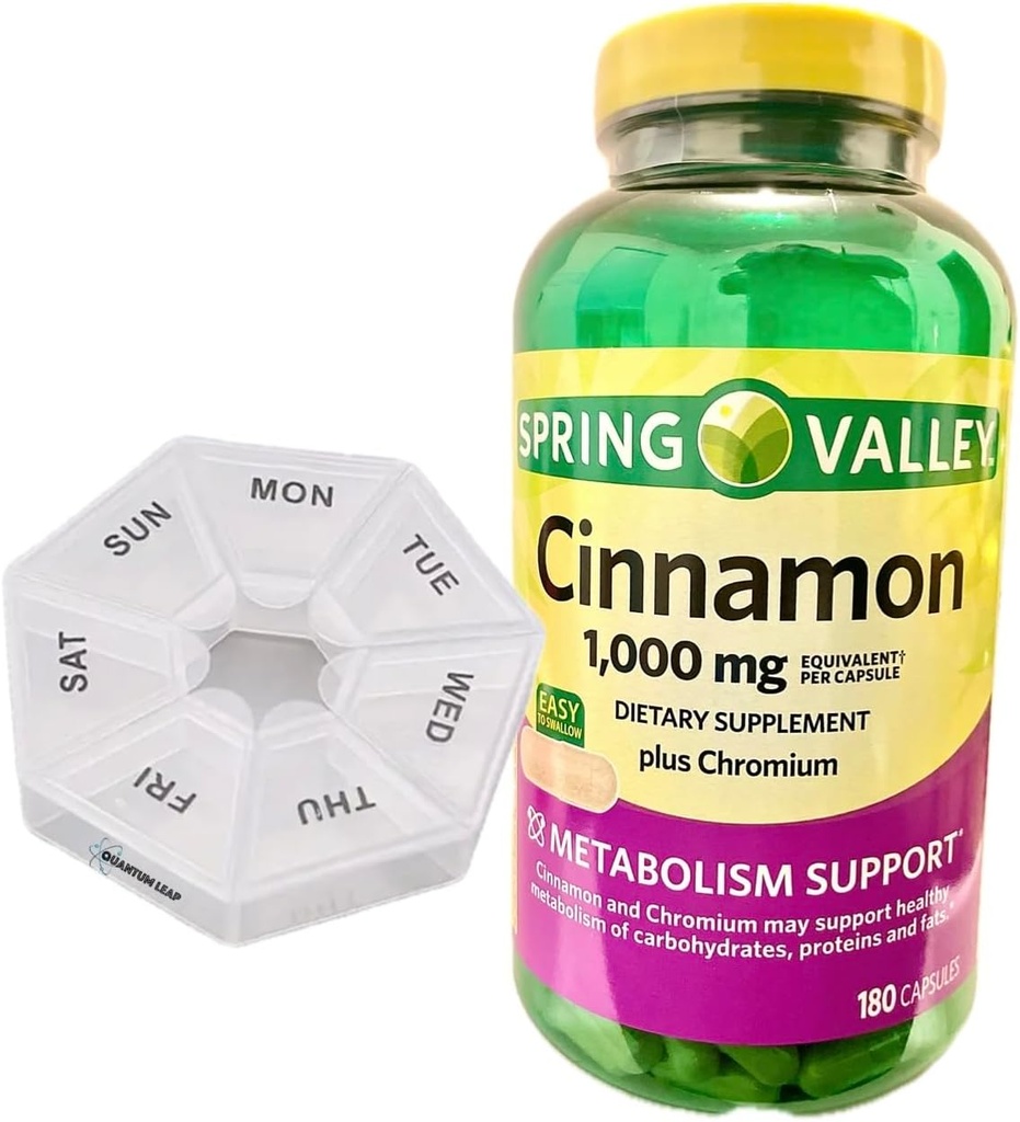 Cotygodniowy Pill Organizator, Zawiera Spring Valley Cynamon 1000 mg, Suplement diety, 180 Kapsułki.