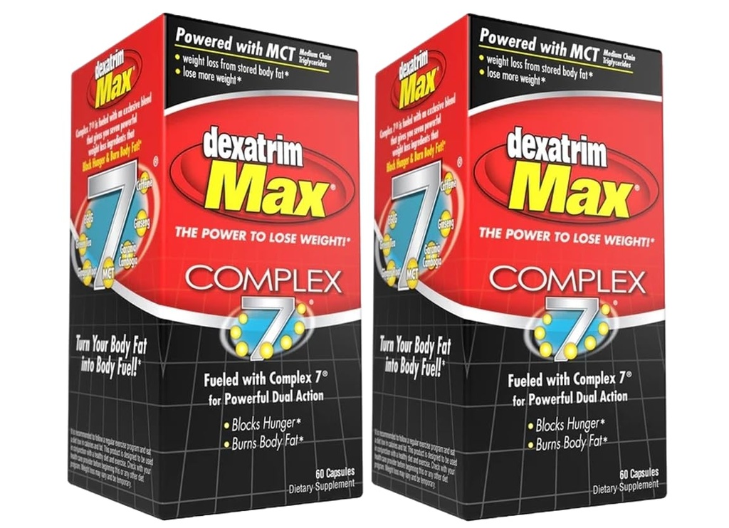 ILIOS Dexatrim Max Complex- 7 mg 124; Dietetyczne tabletki do utraty wagi - 7 potężnych składników w celu zmniejszenia głodu i tkanki tłuszczowej, Tłuszcz Burner Suplementy, Odchudzanie pigułki dla mężczyzn i kobiet, 2 opakowania w / 60 kapsułki