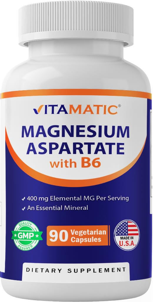 Vitamatic Magnezu Aspartate 400mg na Serving - 90 Kapsułki wegetariańskie - Dodano B6 dla maksymalnej absorpcji - Wspiera mięśnie, Joint i Heart Health *