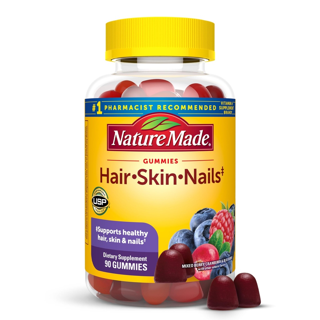 Nature Made Włosy Skóra i paznokcie z Biotin 2500 mcg, Suplement diety do zdrowych włosów, skóry i paznokci Wsparcie, 90 Gumiaki, 45 Day Supply