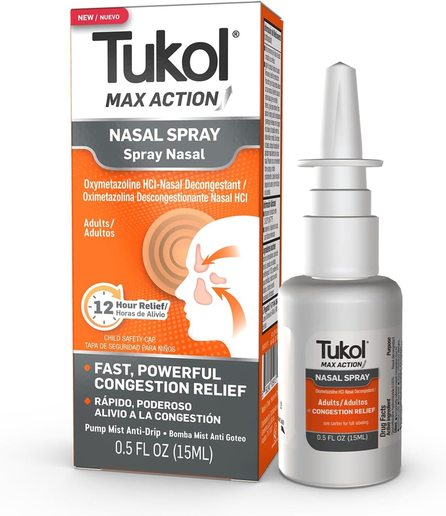 Tukol Max akcja Nasal Spray, Oxymetazoline Nasal Decongestant Spray dla dorosłych, szybko Stuffy Nose & Sinus Congestion Relief, 12- Godzina Nose Decongestant, 0,5 fl oz