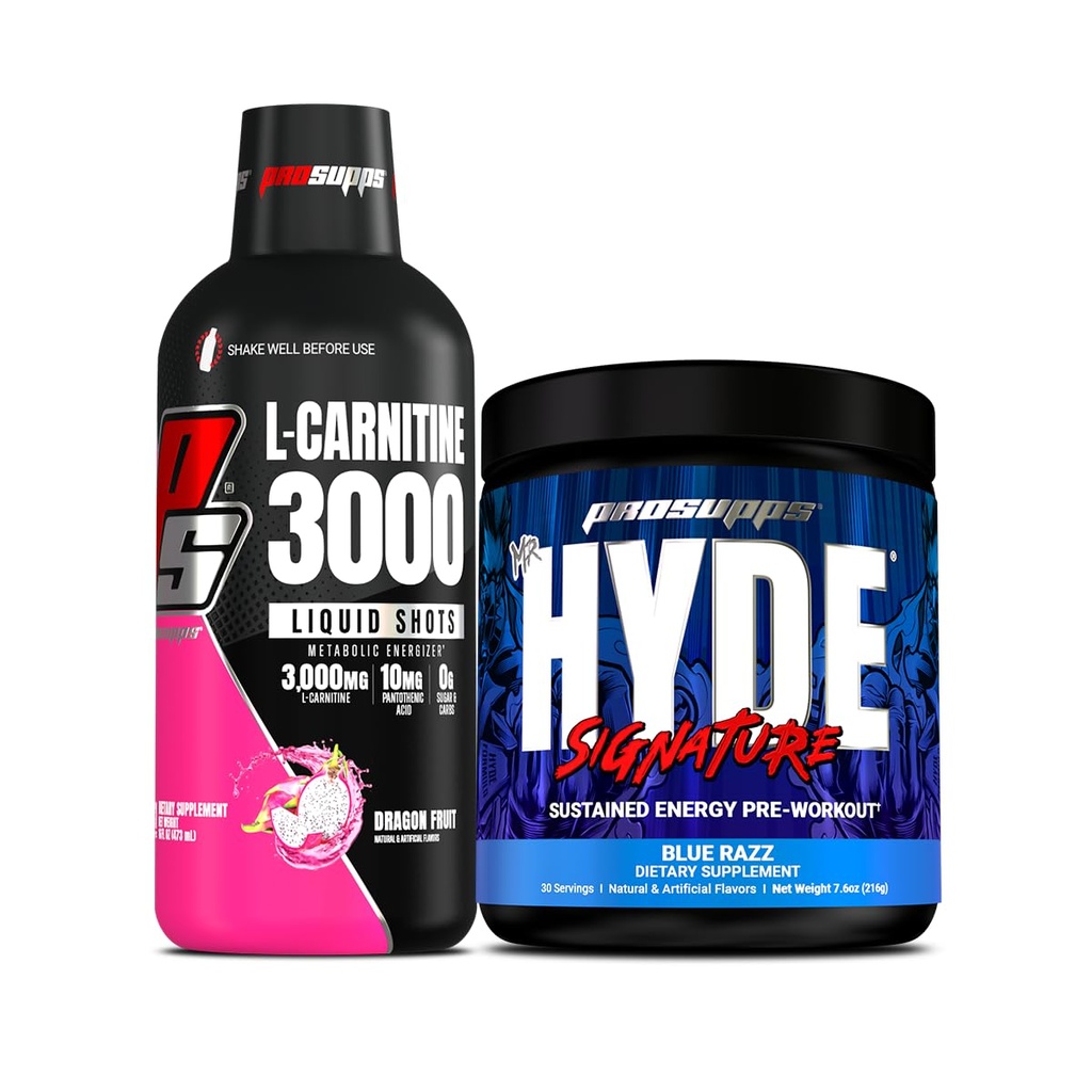 PROSUPPS L- Carnitine 3000 Stymulant Free Liquid Shots (Dragon Fruit) i Mr Hyde Signature Series Pre- Workout Energy Drink proszkowany (Blue Razz) Bundle