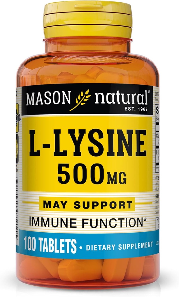 MASON NATURAL L- Lyzyna 500 mg z wapniem - Ulepszona funkcja immunologiczna, Zwiększona absorpcja odżywcza, Zasadniczy kwas aminoaminowy, 100 tabletek