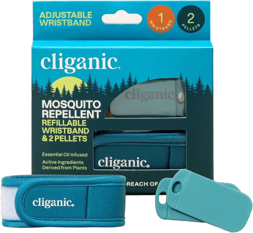 Cliganic Mosquito Repelent Pack (Wristband + 2 Refill Pellets) - Regulowany, Natural DEET- Free, Esential Oil Infused