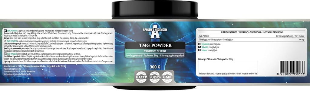 APOLLO 'S HEGEMONY TMG Proszek 300g - Betaine - 2000mg Trimetyloglicyna na Serving - 150 Służenia na Pack - Brak dodatków - Rozgałęziony łańcuch aminokwasy - Metabolit Wsparcie