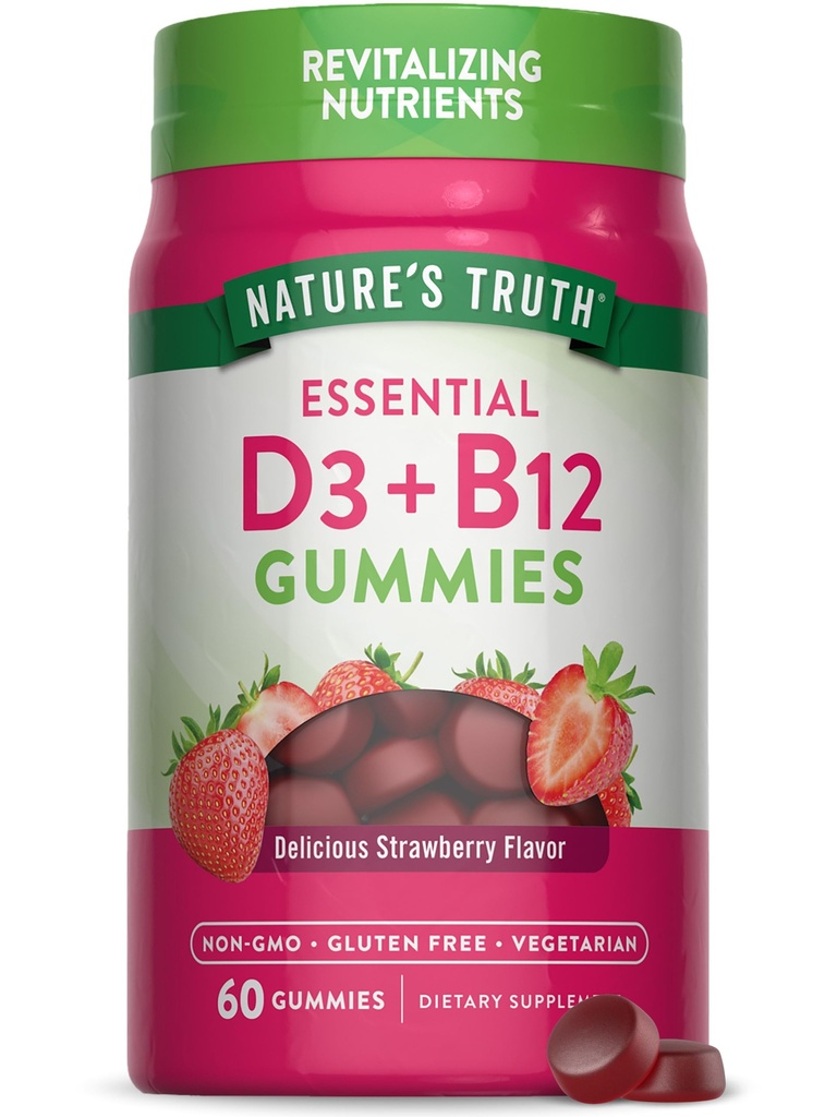 Nature 's Truth Witamina D3 i B12 Gummies dla dorosłych 124; 60 Hrabia 124; Truskawka Flavor 124; Wegetarianin, Non-GMO & Gluten