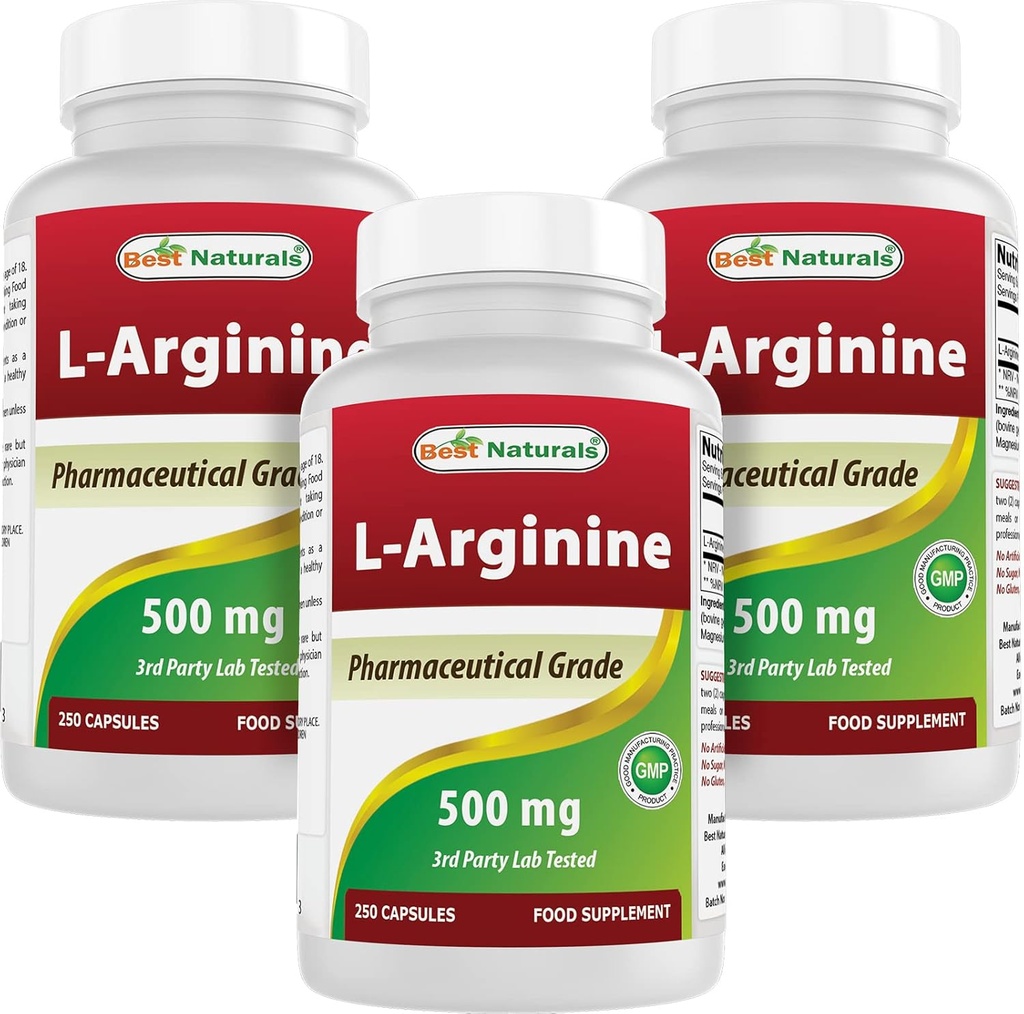 Best Naturals L-Arginine 500mg 250 Capsules (250 Count (Pack of 3))
