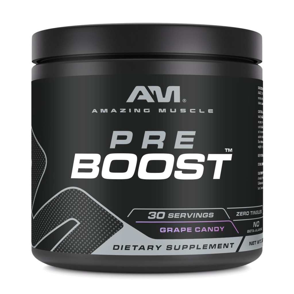 Amazing Muscle pre Boost OF 124; 30 Servings OF 124; 324 Grams Powder OF 124; Pre Workout Supplement OF 124; Made in USA (30 Servings, Natural Grape Candy)