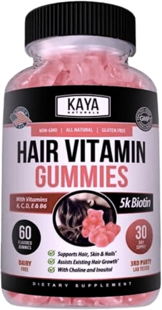 Kaya Naturals Gummies wzrost włosów - Biotin 5000mcg Witaminy dla zdrowych włosów, skóry i paznokci - Suplement kosmetyczny dla kobiet lub mężczyzn - 60 Hrabia - Blueberry Flavor
