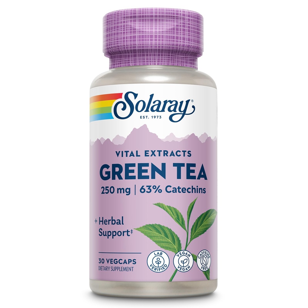 Ekstrakt z zielonej herbaty SOLARAY 250 mg - ekstrakt z zielonej herbaty bezkofeinowej - Suplementy EGCG - Gwarantowane do zawiera 63% Katechiny - Wegan, 60- Day Guarantee, 30 Służenie, 30 Kapsułki