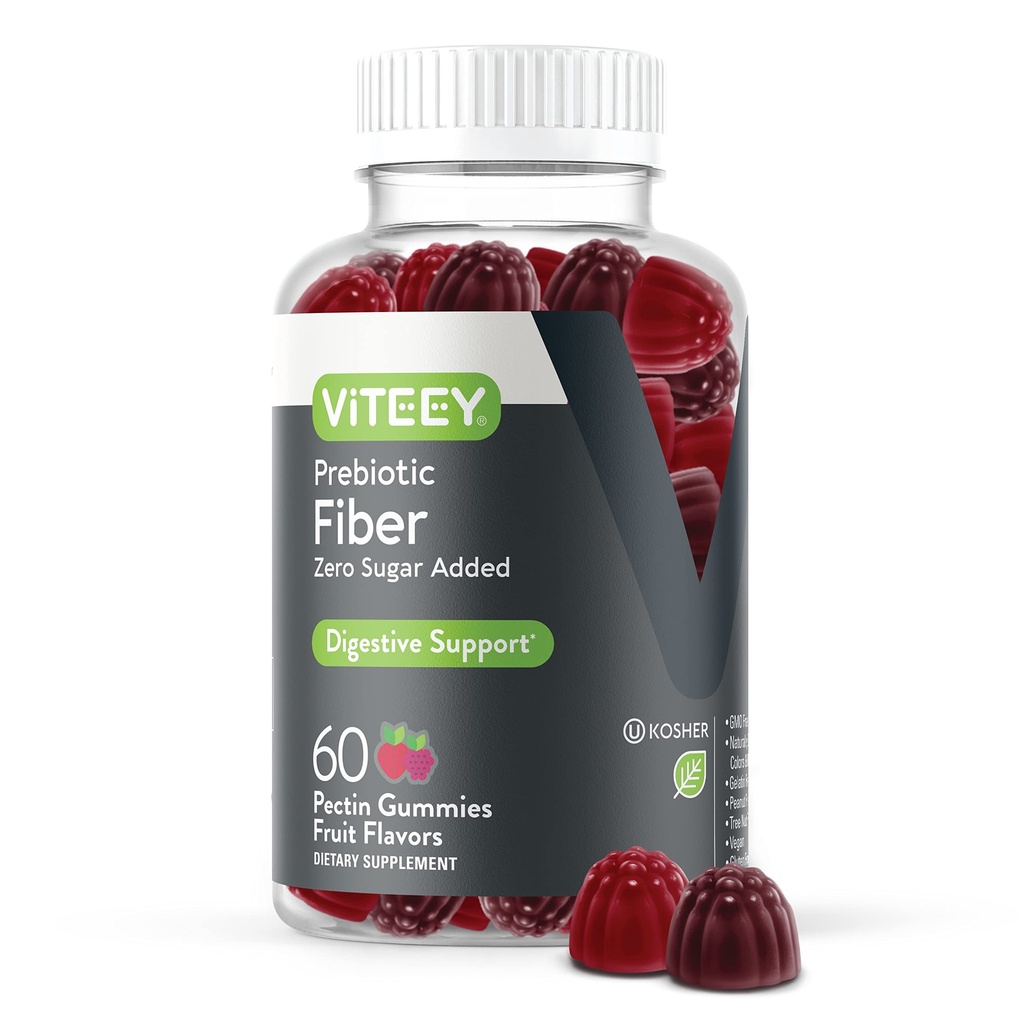 Viteey Prebiotic Fiber Gummies dla dorosłych, 4g - Gut Health & Digestive Solvetic Fiber Supplement Gummies - Zero Sugar Added, Wegan, Gluten- Free - 60 Count