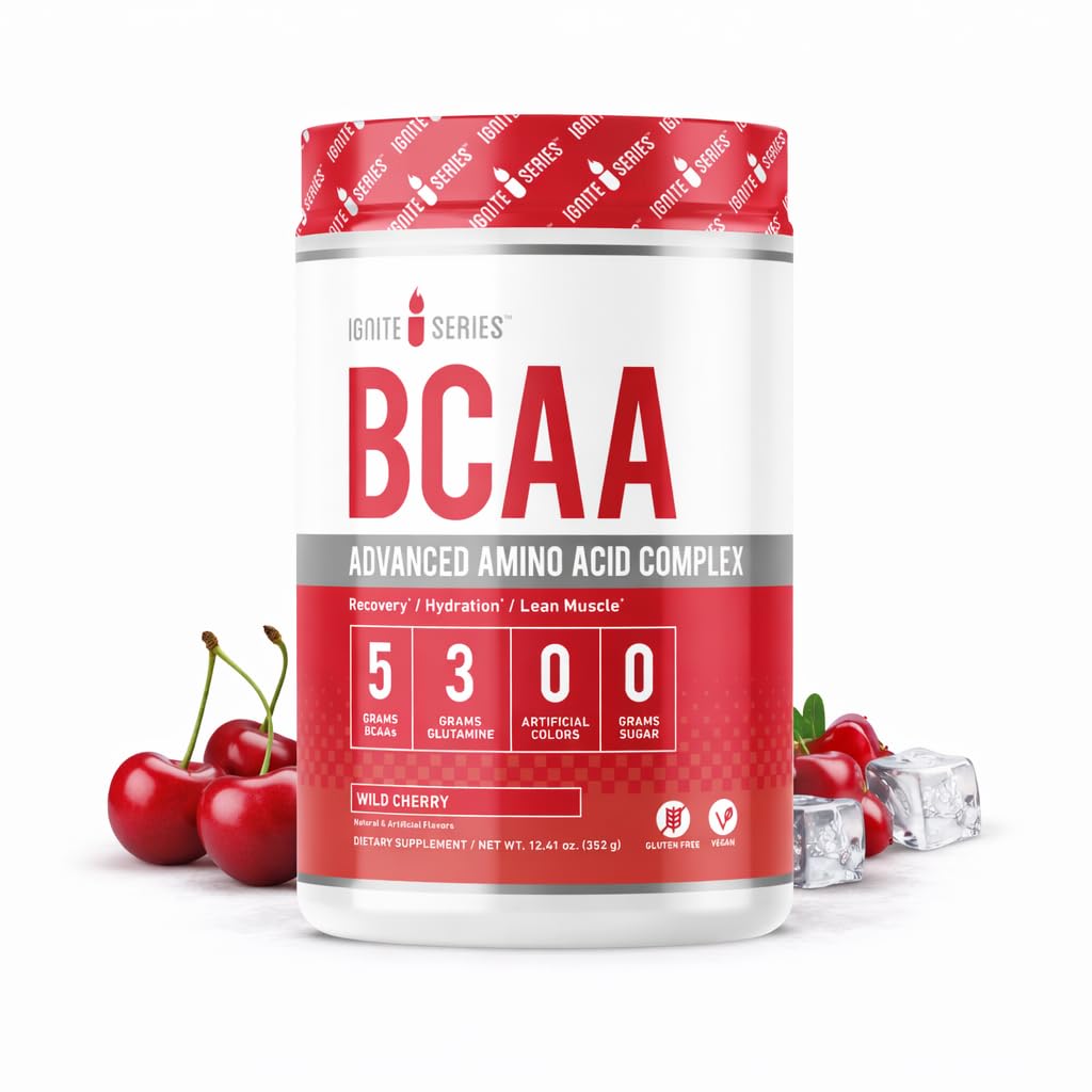 Kompletny Nutrition Ignite Series BCAA Advanced Amino Acid Complex, Wild Cherry, Wspiera odzysk mięśni, Nawodnienie i wzrost, 5g BCAA, 3g Glutamina, 13 Oz Tub (30 Służenie)