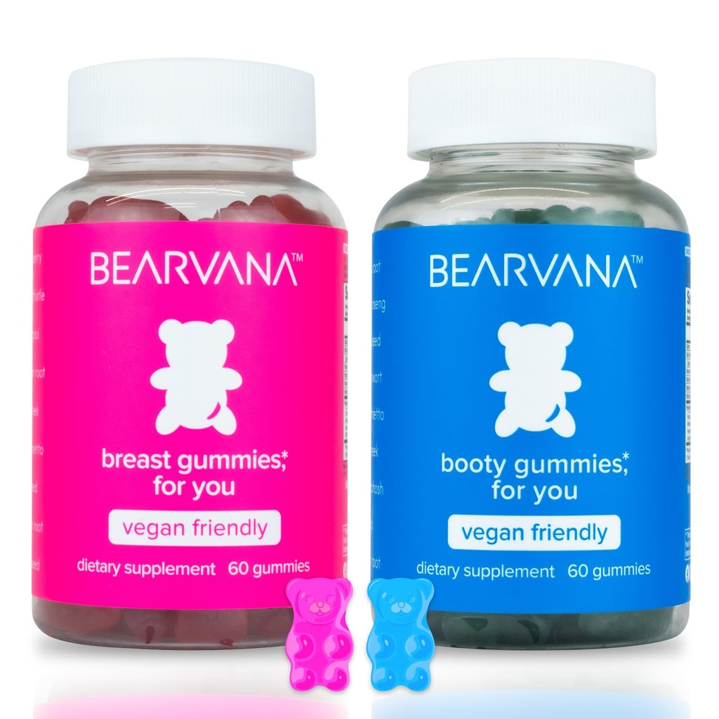 BEARVANA Top & Peach Support Gummies Combo Pack dla kobiet 124; 9 Ekstrakty ziołowe w tym kozieradka, maca & koper 124; Witaminy zasadnicze 124; Berry Flavor 124; 2- Pack (120 Gummies)