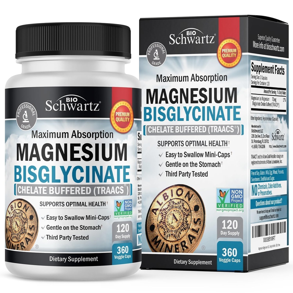 Bisglicynian magnezu Suplement chelatowany - Wysoka absorpcja Suplement magnezu do mięśni, kości i stawów, Non-Laxative, w pełni buforowane, Non-GMO, Maksymalna biodostępność - 360 Kapsułki