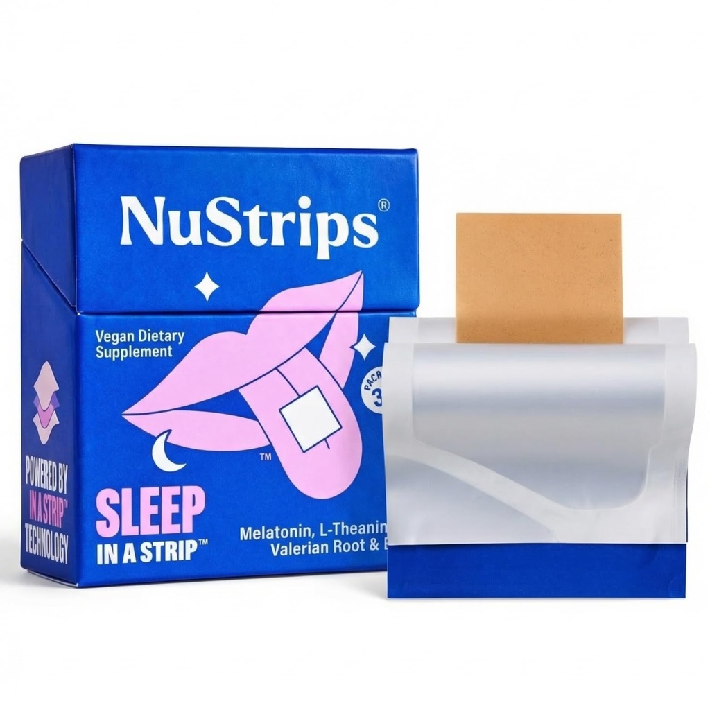 NuStrips ™ Fast- Rozpuszczanie pasków sennych z 5 mg Melatoniny, Valerian Root, L- Theanine & witaminy B6 - Blueberry Flavor - Natural Sleep Aid, Wegan, Non-GMO, Gluten Free - Fall Asleep Fast (30 Strips)