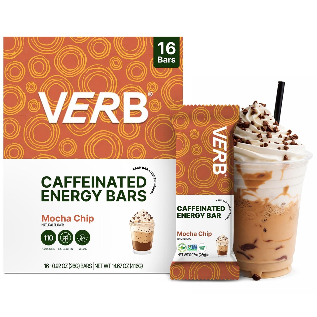 Verb Kofeina energii Bars Mocha Chip (26g, Pack of 16) 110- Calorie pyszne Low Sugar Energy Bar - Vegan gluten Free On- Go Snack z 80mg zielonej herbaty kofeiny, Tylko Real- Food Składniki