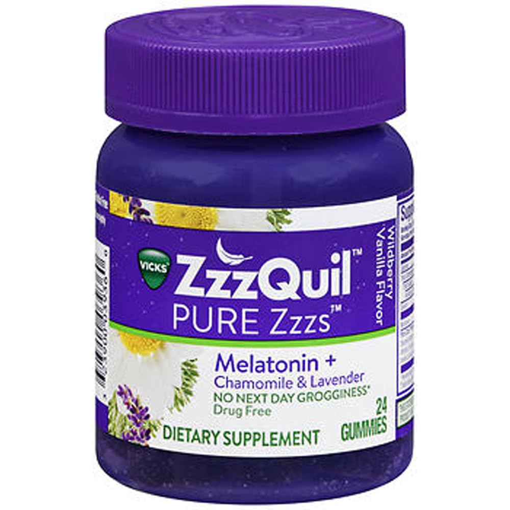 ZzzQuil Pure Zzzs Gummies melatonina, Pomoc senna, Melatonina 2 mg, z rumianku i lawendy, Melatonina Gummies snu, Pomoc snu dla dorosłych, Wildberry Vanilla Flavored, 24 Gummies snu