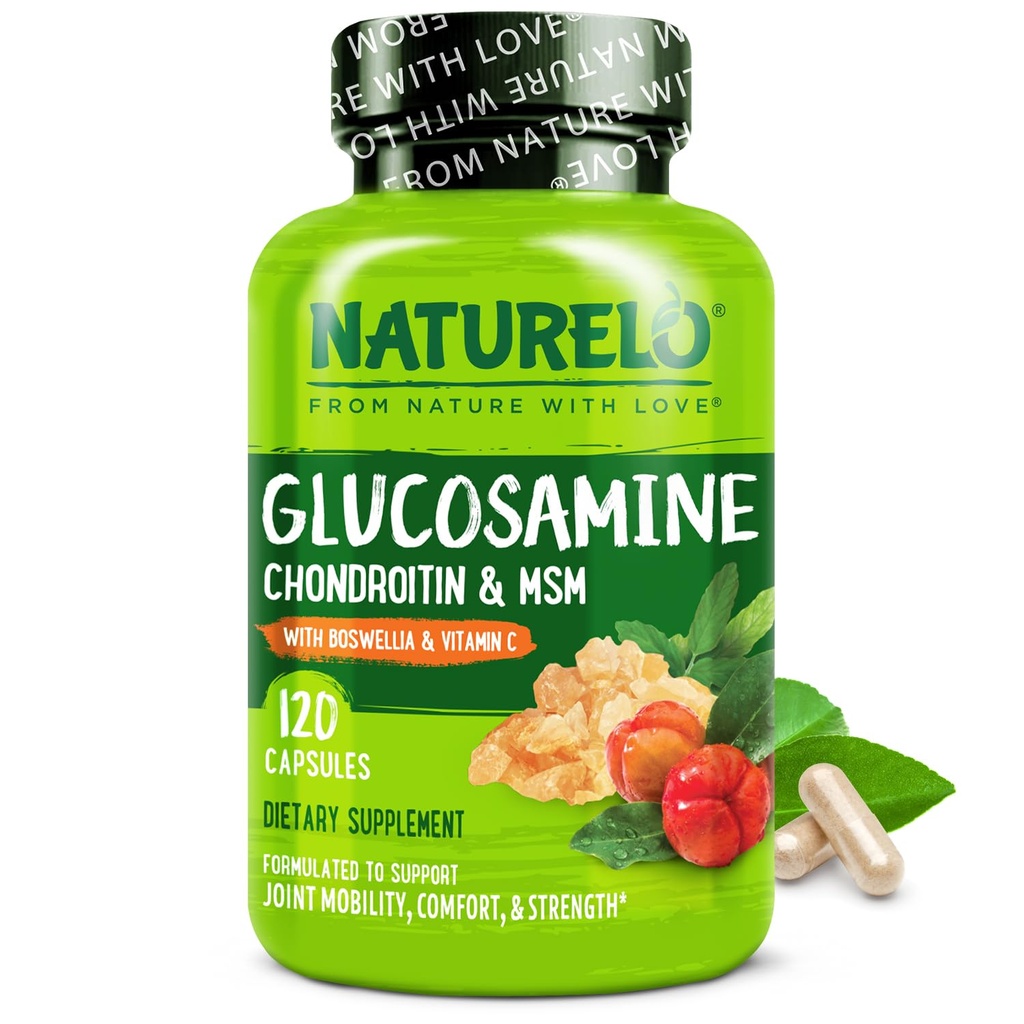 NATURELO Glukozamina Chondroitin MSM z Boswellią i Witaminą C - suplement do wspólnego komfortu, mobilności i siły - 120 kapsułek