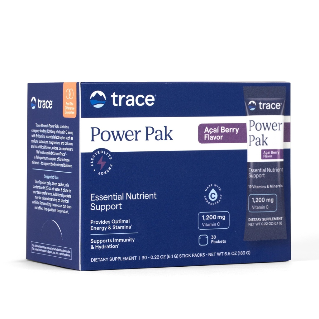 Ślad Minerały Power Pak Multivitamin i Multimineralne Pakiety - Wsparcie elektrolitowe - 1200 mg Witamina C Plus 70 Acai Berry Flavor - 30 Pakiety