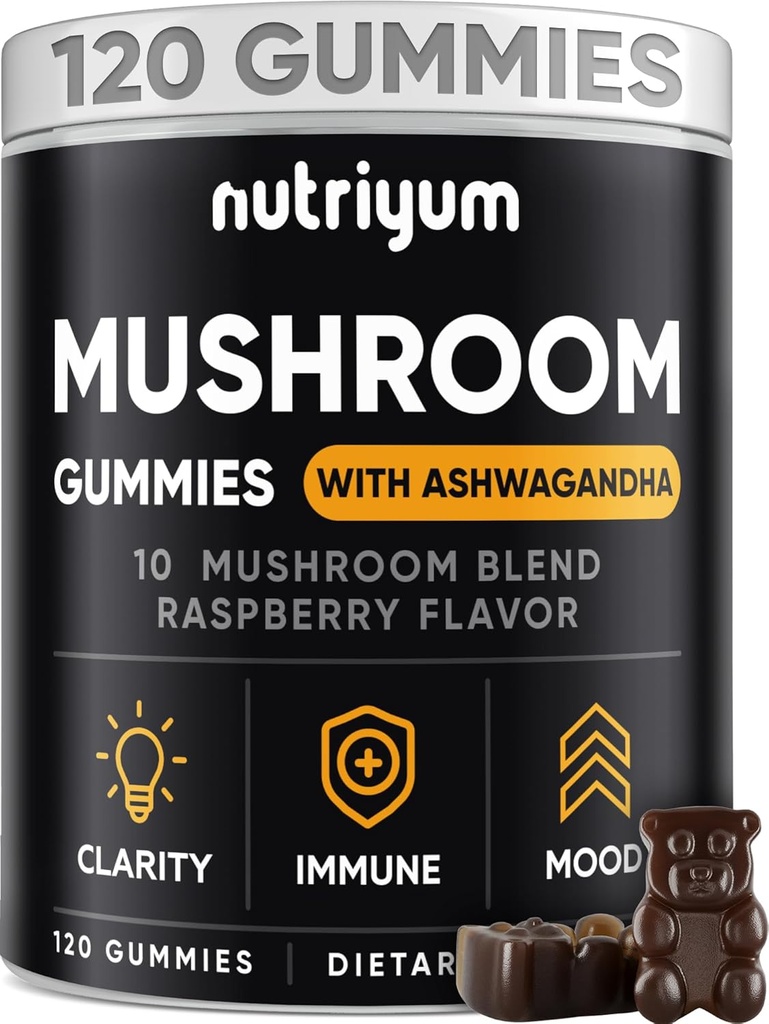 Grzyby Gummies 10 Mieszanka 120 szt. - Lions Mane, Ashwagandha, Turcja Ogon, Cordyceps, Chaga, Reishi Mushroom Complex - Mushroom Supplement for Immune, Energy, Clarity & Cognitive