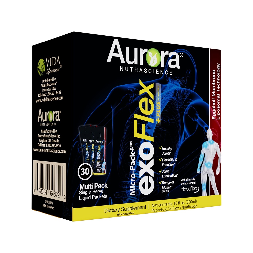Aurora Nutrascience Micro- Pack Liposomal exoFlex + z witaminą C, wspomaga wspólną elastyczność i funkcję, BiovaFlex Eggshell Membrane, Curcumin & Boswellia, Strwaberry Flavor, 30 pakietów jednorazowych