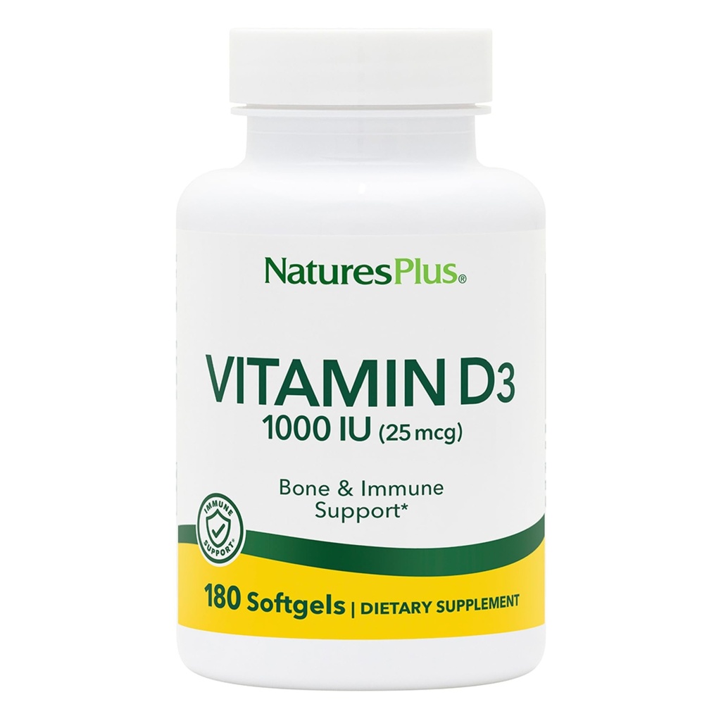 Natury Plus Witamina D3 (Cholecalciferol) - 1000 j, 180 Softgels - Nutritional Support for Healthy Bones & Immune System Support - Bioavailable Active Form - Gluten- Free - 180 Servings