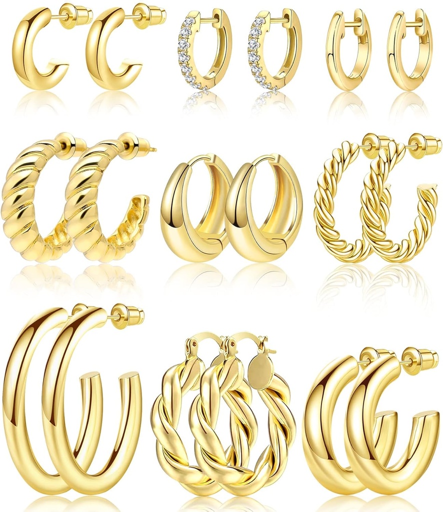 Adoyi 9 Pary złote kolczyki Hoop Zestaw dla kobiet Twisted Huggie Hoops Kolczyki 14K 18K Złoto Plated dla dziewczyn Walentynki urodziny prezenty lekki