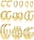 Adoyi 9 Pary złote kolczyki Hoop Zestaw dla kobiet Twisted Huggie Hoops Kolczyki 14K 18K Złoto Plated dla dziewczyn Walentynki urodziny prezenty lekki