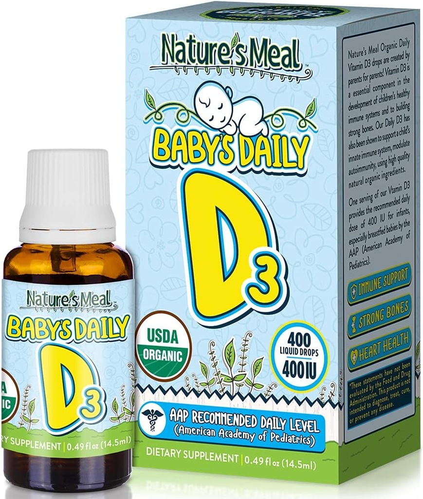 Nature 's Meal - Witamina D Dropy dla niemowląt, Baby Witamina D Krople dla układu immunologicznego, Heart Health, i Bone Health, Płynna Witamina D z Witaminą D3 400 j.m. na Podawanie, Unflavored, 14,5 ml