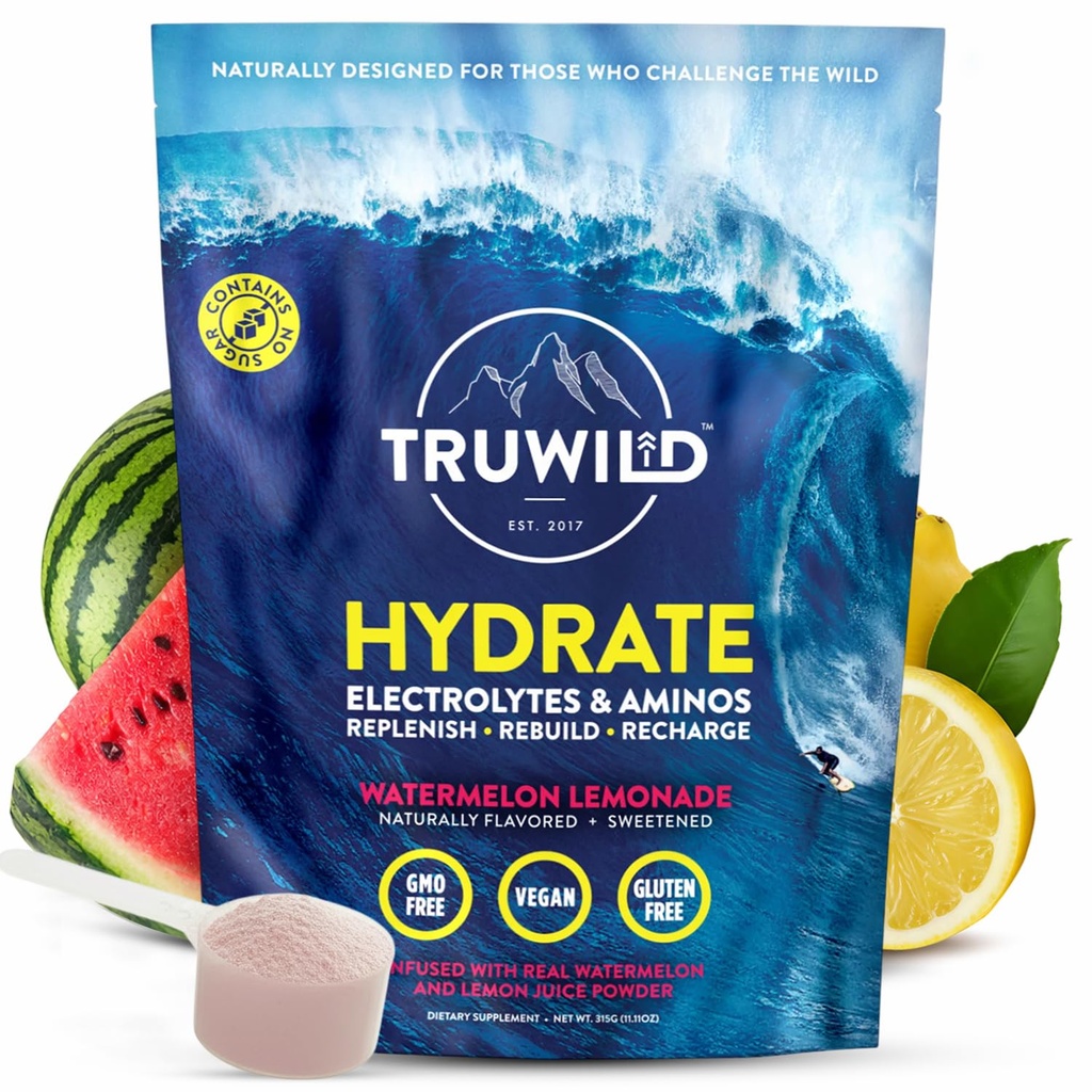 TruWild Natural Hydration Powder with Zero Sugar, Wegan Electrolytes + Amino Acids, Recovery Drink for Everyday Use, Post Workout Muscle Supplement with Magnezu (Arbuiln Lemonade)