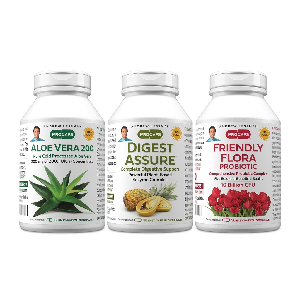 ANDREW LESSMAN Kompletny zestaw pokarmowy - 90 Kapsułki - 3- Zestaw produktów: 30 Kapsułki Każdy z Digest Assure, Aloe Vera- 200 i Friendly Flora Probiotic, do ukierunkowanego wsparcia dla systemu digestive