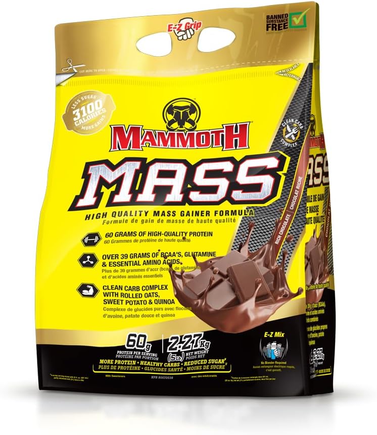 Mammoth Mass: Weight Gainer, High Calorie Protein Powder Workout Smoothie Shake, Niski cukier, Koncentrat izolacyjny serwatki, Mieszanka białka kazeiny, Trening wagi, Wysokie białko (Czekolada, 5lb)